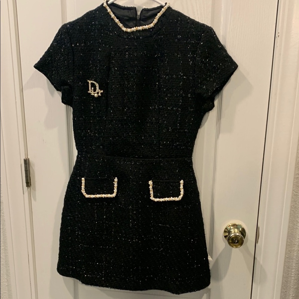 Elegant Black Tweed Dress w/pearl details and fully lined